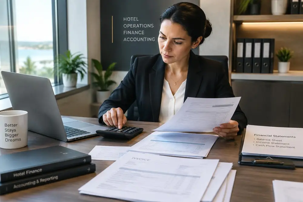 Hotel accounting software Finance manager reviewing hotel invoices and financial statements