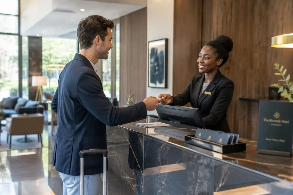 Software para hotel Hóspede a fazer check-in na receção de um hotel moderno