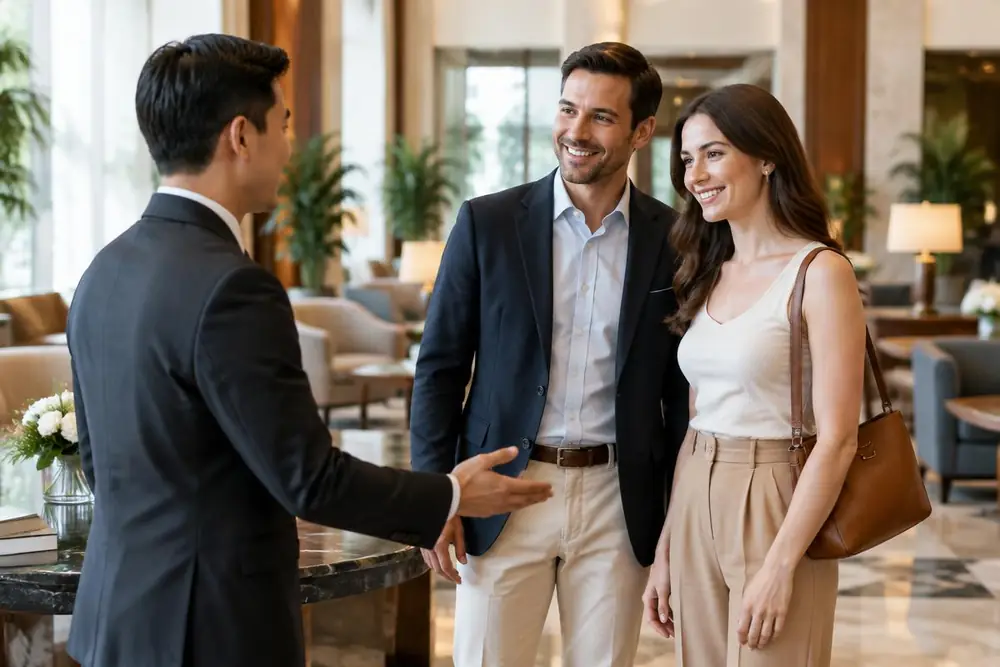 Lodge software Concierge welcoming guests in a hotel lounge