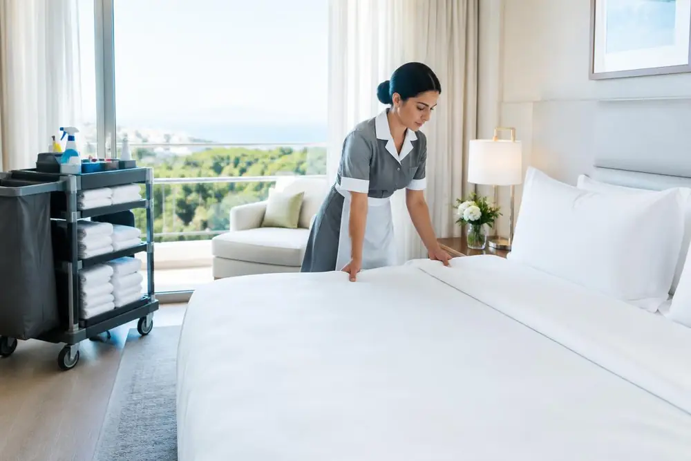 Housekeeping Colaboradora de housekeeping a preparar um quarto de hotel