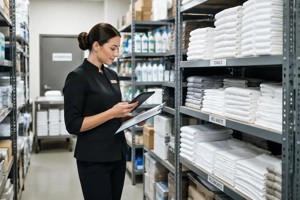 Inventory Staff member checking linen and supplies stock in a hotel storeroom