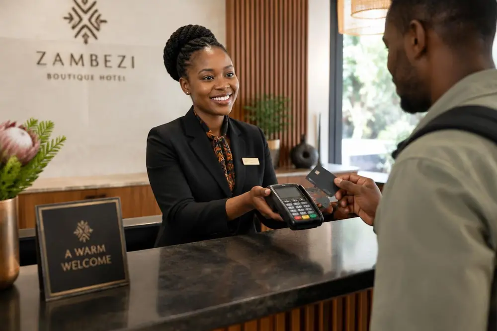 Hotel payments African hotel receptionist handing a payment terminal to a guest paying by card