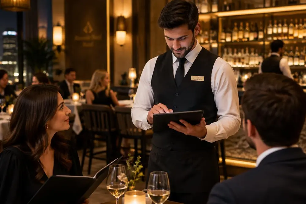 Hotel POS Waiter taking an order on a hotel restaurant POS terminal