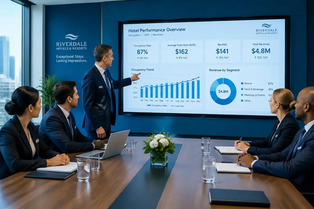 Cloud PMS Management team reviewing hotel occupancy and revenue indicators