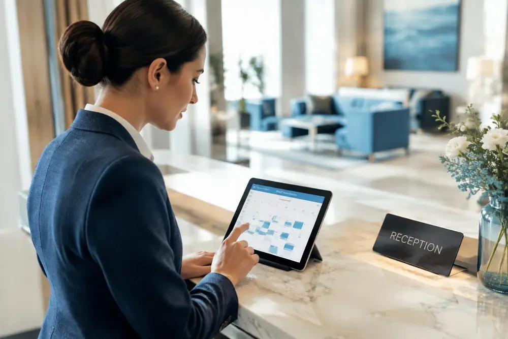 Reservation software Hotel receptionist reviewing the reservation calendar on a tablet